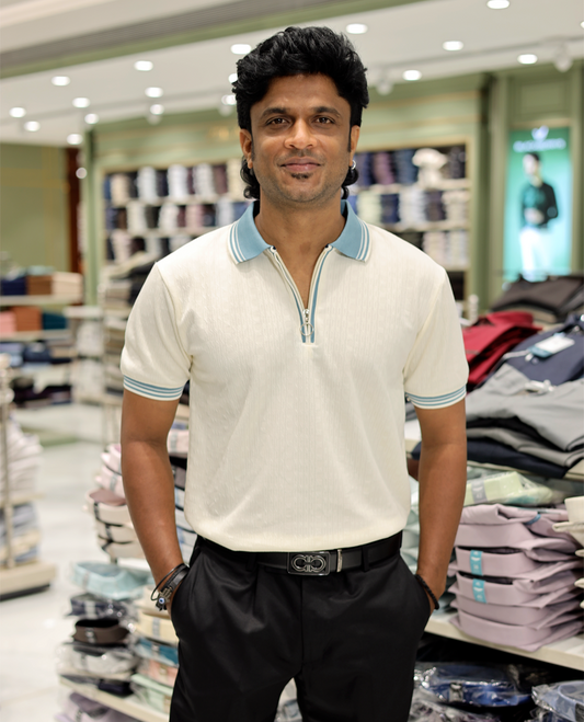 Cream Cotton-Blended Zipper T-Shirt Features Half-Sleeves, a Polo Collar, Slim Fit, and Regular Length
