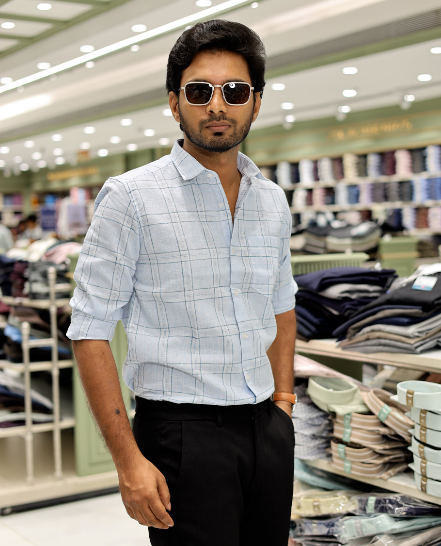 Green Cotton-Linen-Blended Casual Shirt Features Checks, Full Sleeve, a Spread Collar, a Slim Fit, and a Regular Length
