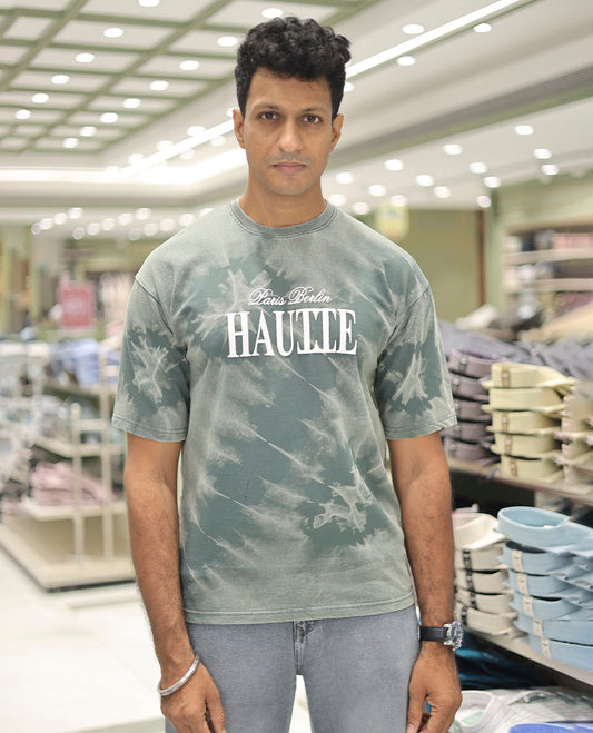 Green Cotton-Blended T-Shirt Features Typography Print, Half Sleeves, a Round Neck, an Oversized Fit, and a Regular Length