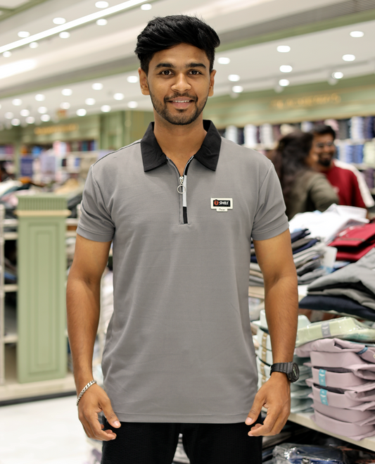 Grey Cotton-Blended Zipper T-Shirt Features Half-Sleeves, a Contrast Polo Collar, Slim Fit, and Regular Length