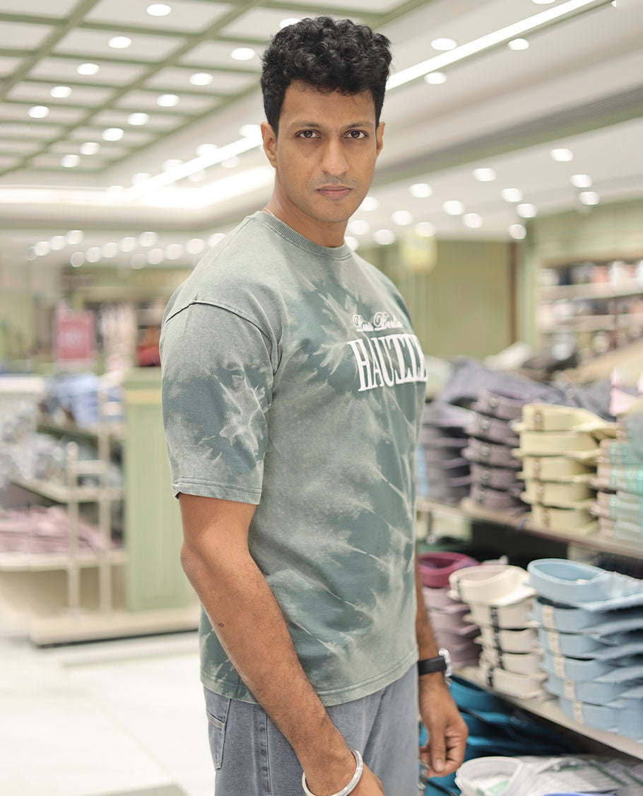 Green Cotton-Blended T-Shirt Features Typography Print, Half Sleeves, a Round Neck, an Oversized Fit, and a Regular Length