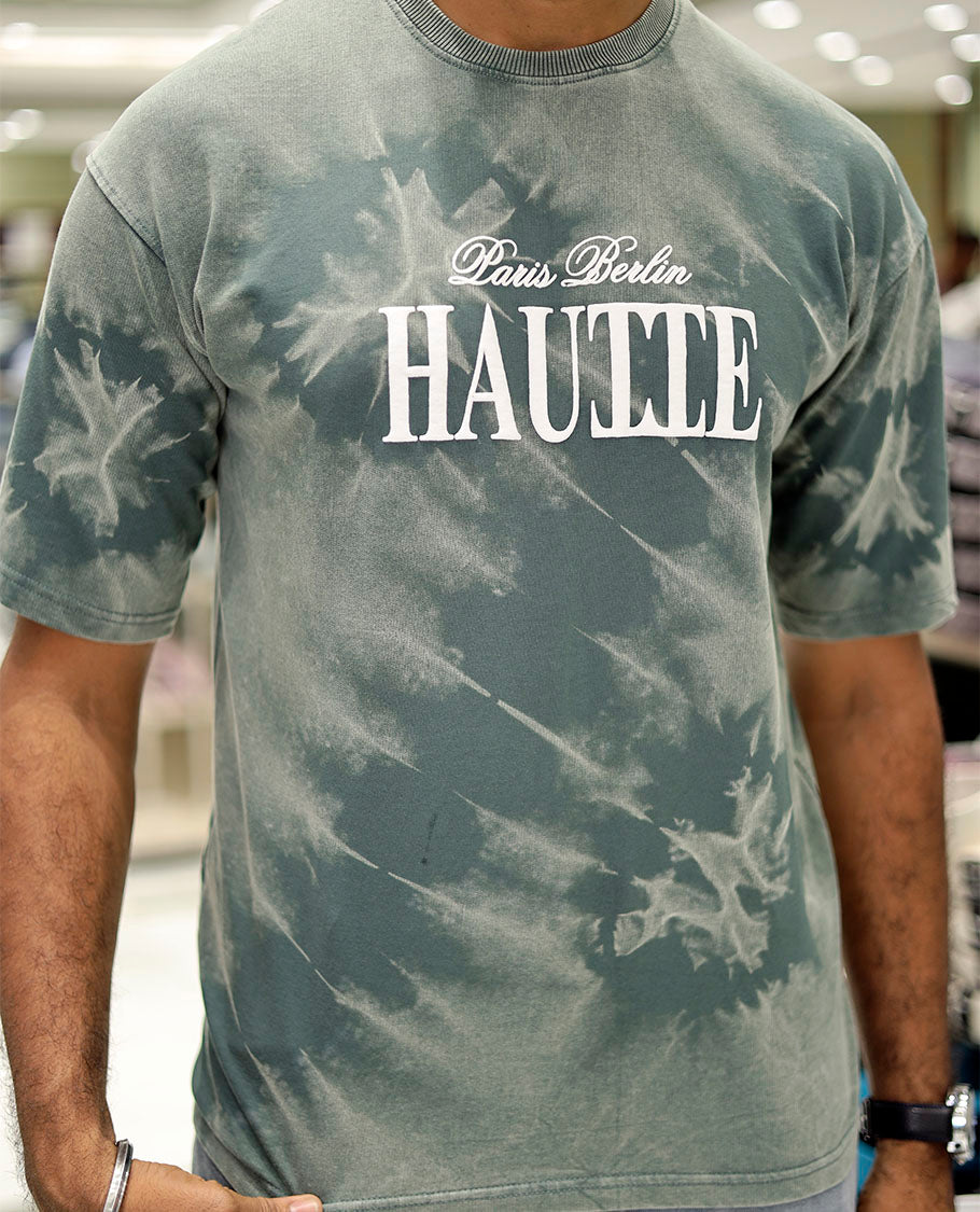 Green Cotton-Blended T-Shirt Features Typography Print, Half Sleeves, a Round Neck, an Oversized Fit, and a Regular Length