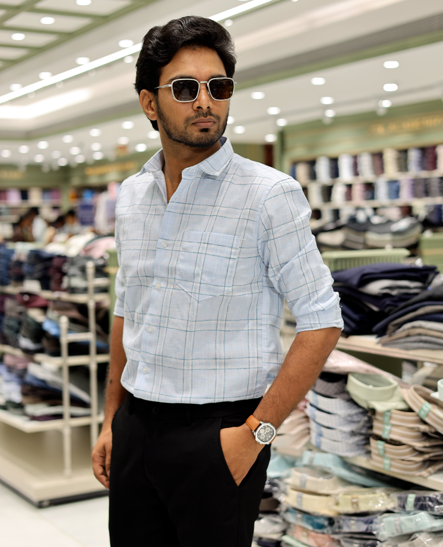 Green Cotton-Linen-Blended Casual Shirt Features Checks, Full Sleeve, a Spread Collar, a Slim Fit, and a Regular Length