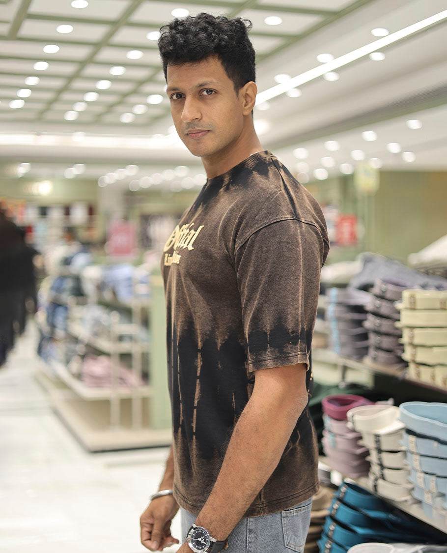 Black Cotton-Blended T-Shirt Features Typography Print, Half Sleeves, a Round Neck, an Oversized Fit, and a Regular Length