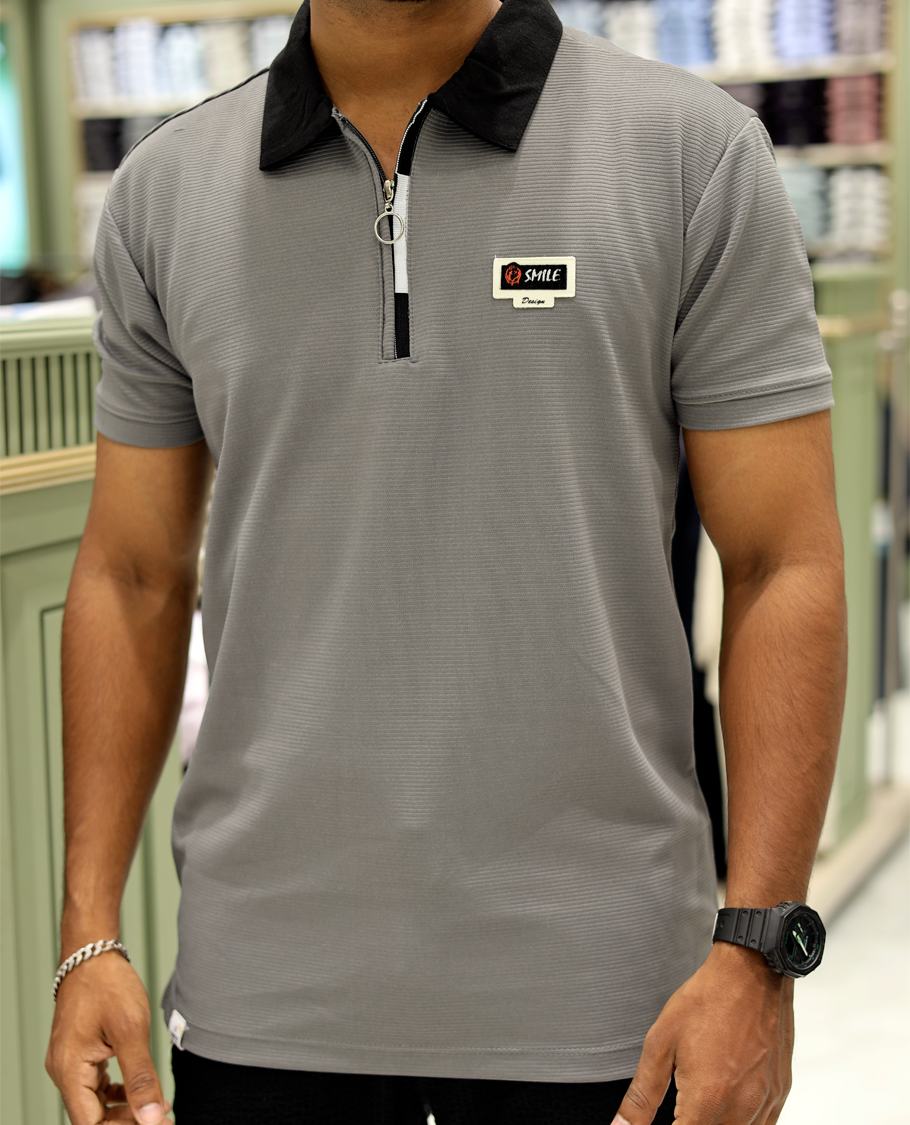 Grey Cotton-Blended Zipper T-Shirt Features Half-Sleeves, a Contrast Polo Collar, Slim Fit, and Regular Length