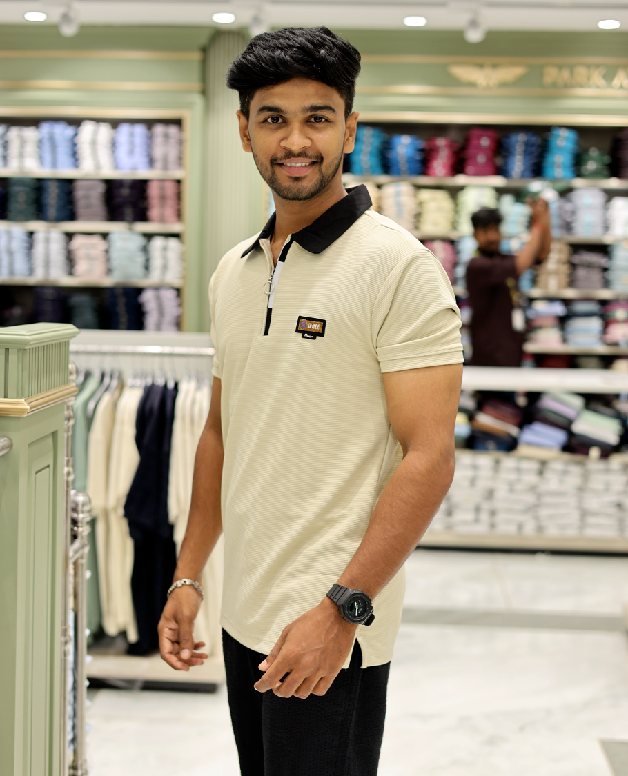 Yellow Cotton-Blended Zipper T-Shirt Features Half-Sleeves, a Contrast Polo Collar, Slim Fit, and Regular Length 