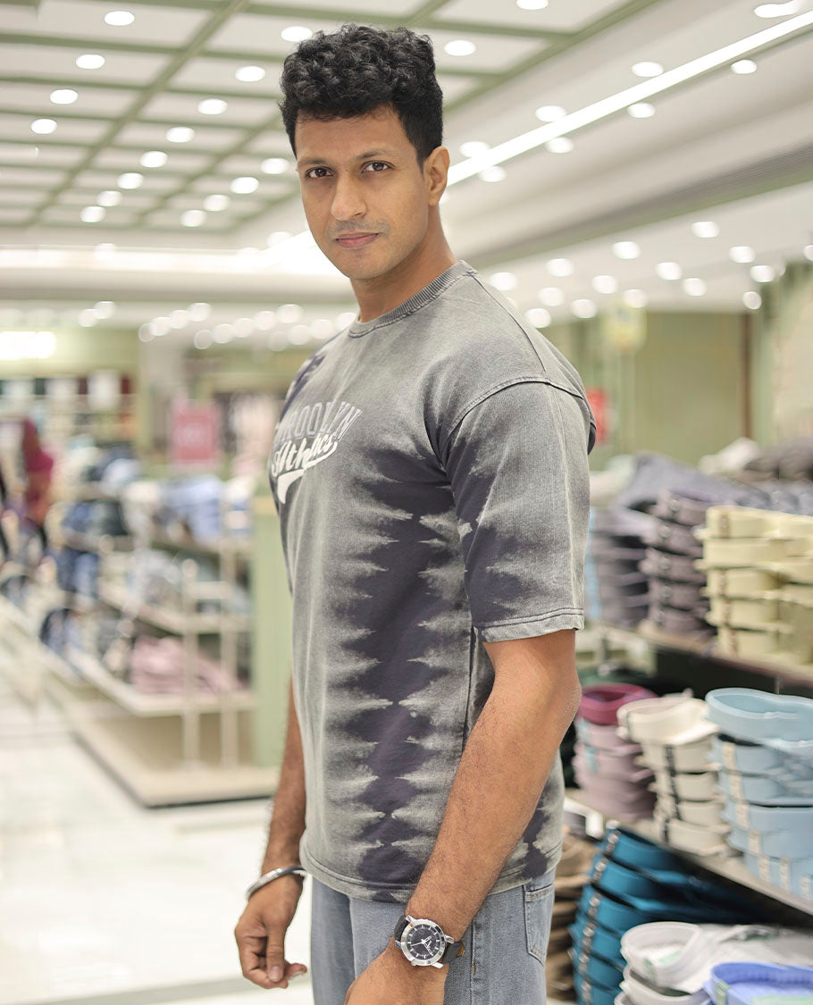 Light Grey Cotton-Blended T-Shirt Features Typography Print, Half Sleeves, a Round Neck, an Oversized Fit, and a Regular Length