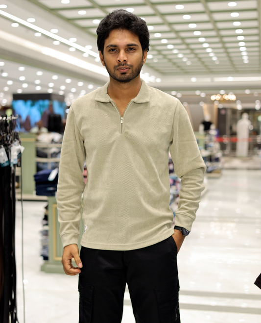 Beige Poly-Blended Zipper T-Shirt Features Full-Sleeves, a Polo Collar, Regular Fit, and Regular Length
