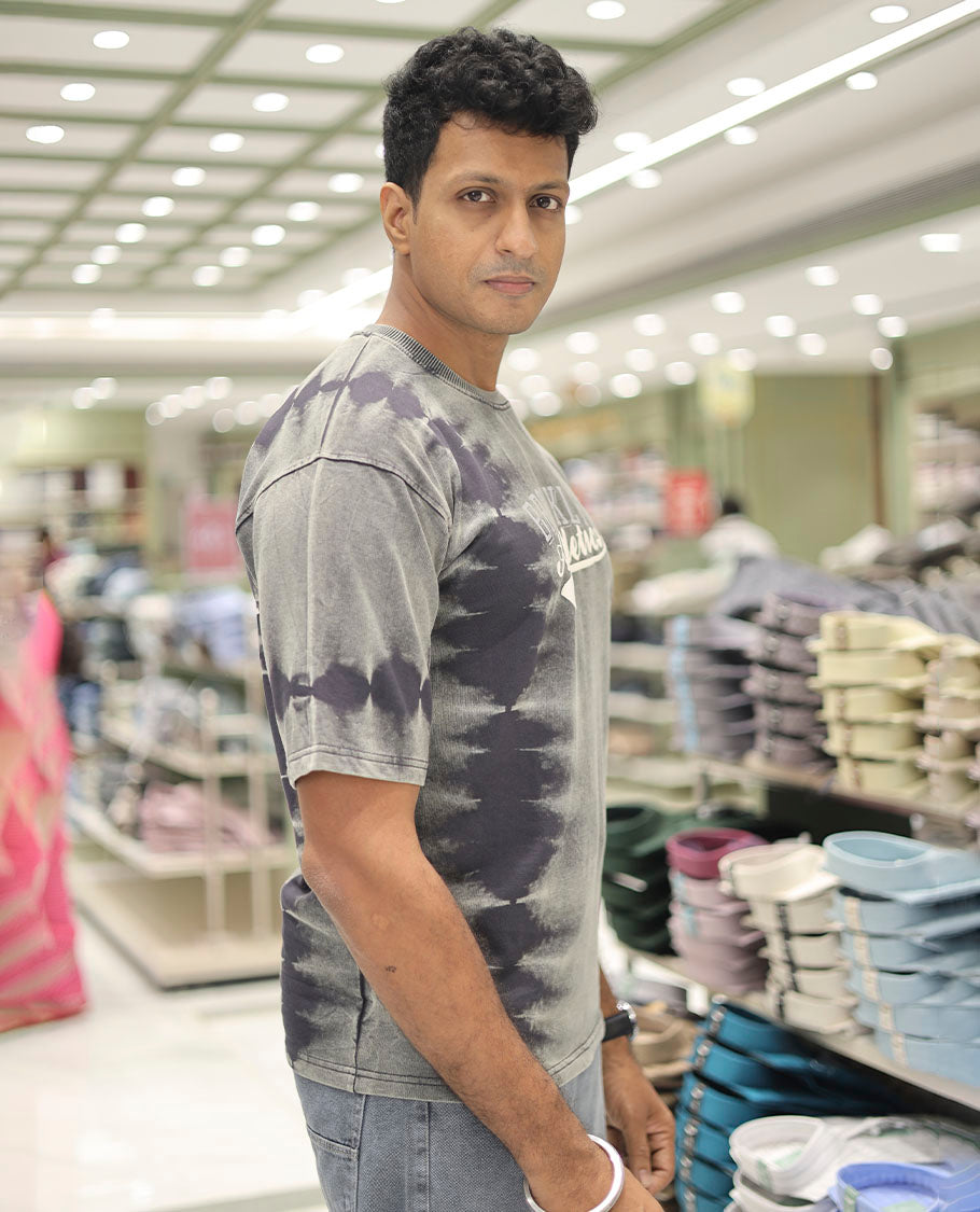 Light Grey Cotton-Blended T-Shirt Features Typography Print, Half Sleeves, a Round Neck, an Oversized Fit, and a Regular Length