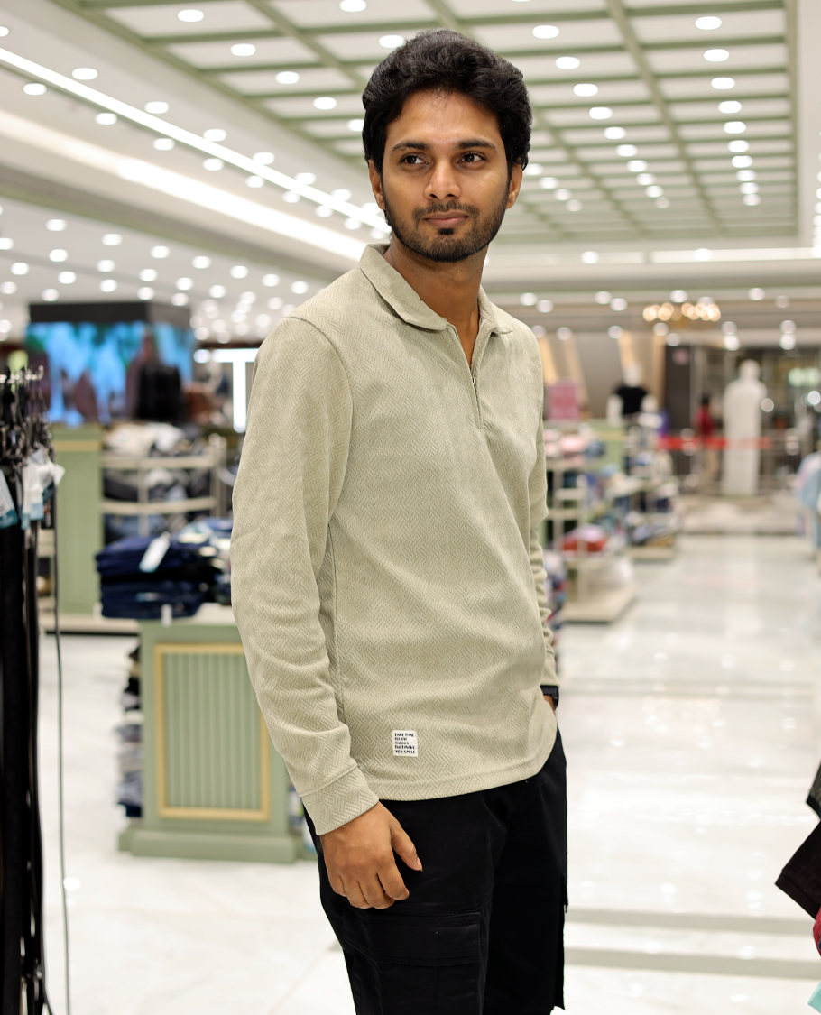 Beige Poly-Blended Zipper T-Shirt Features Full-Sleeves, a Polo Collar, Regular Fit, and Regular Length