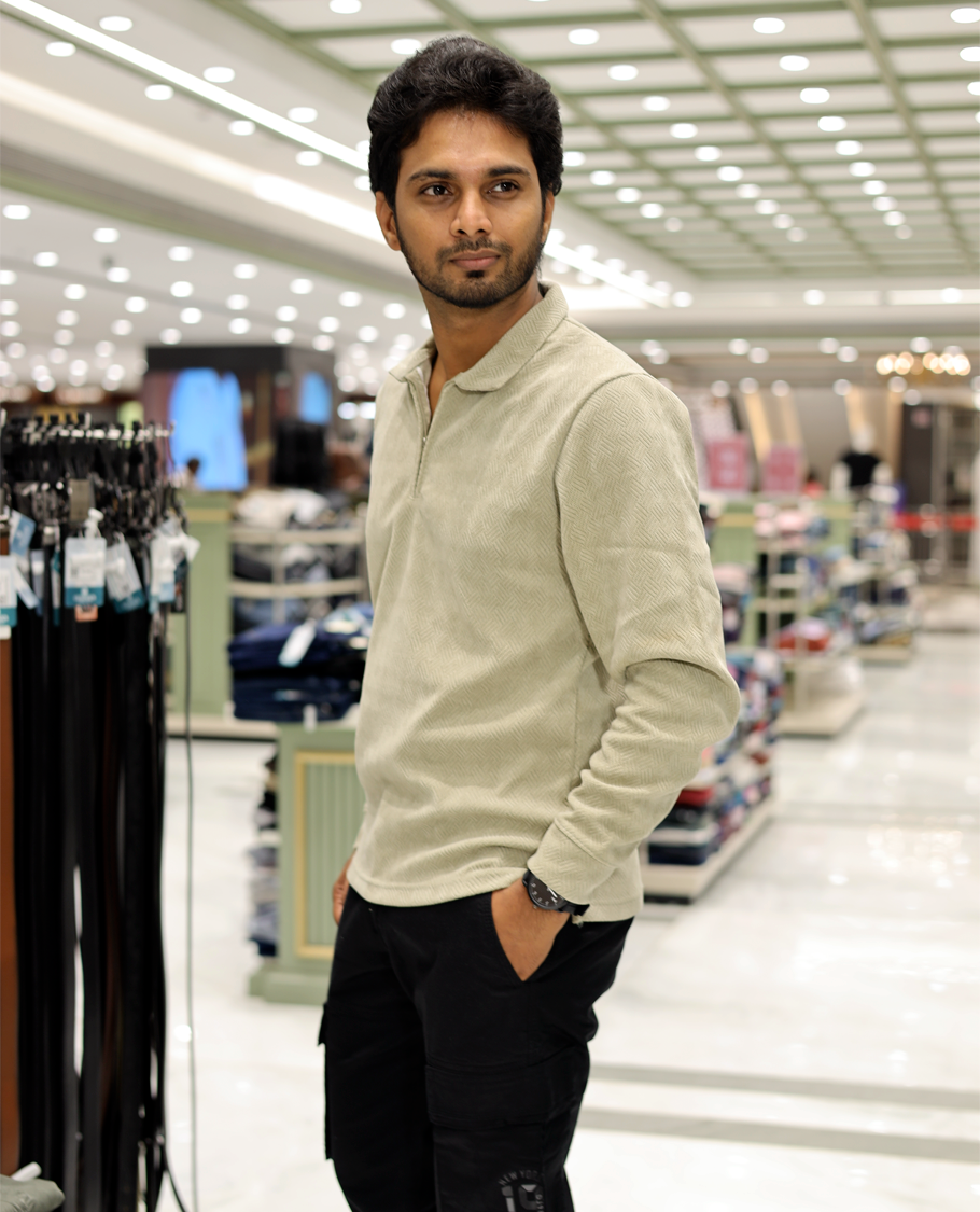 Beige Poly-Blended Zipper T-Shirt Features Full-Sleeves, a Polo Collar, Regular Fit, and Regular Length