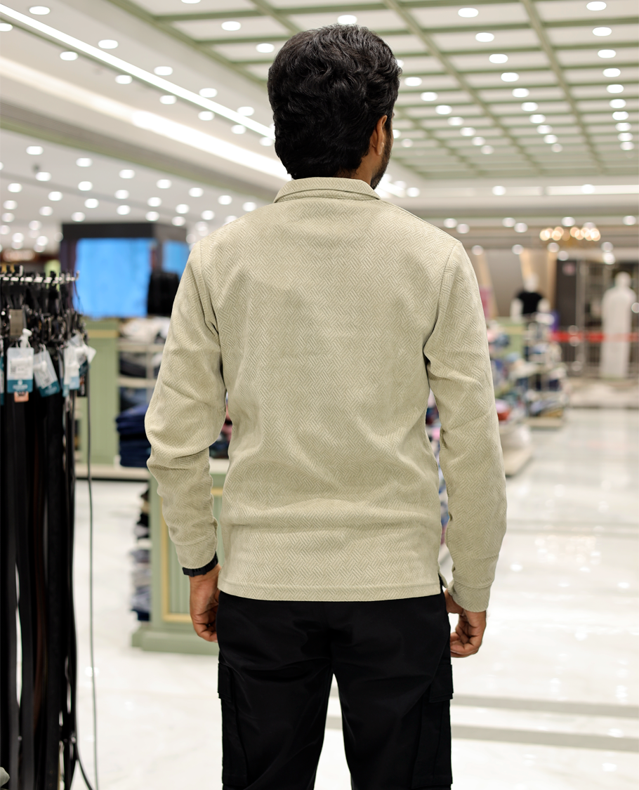 Beige Poly-Blended Zipper T-Shirt Features Full-Sleeves, a Polo Collar, Regular Fit, and Regular Length