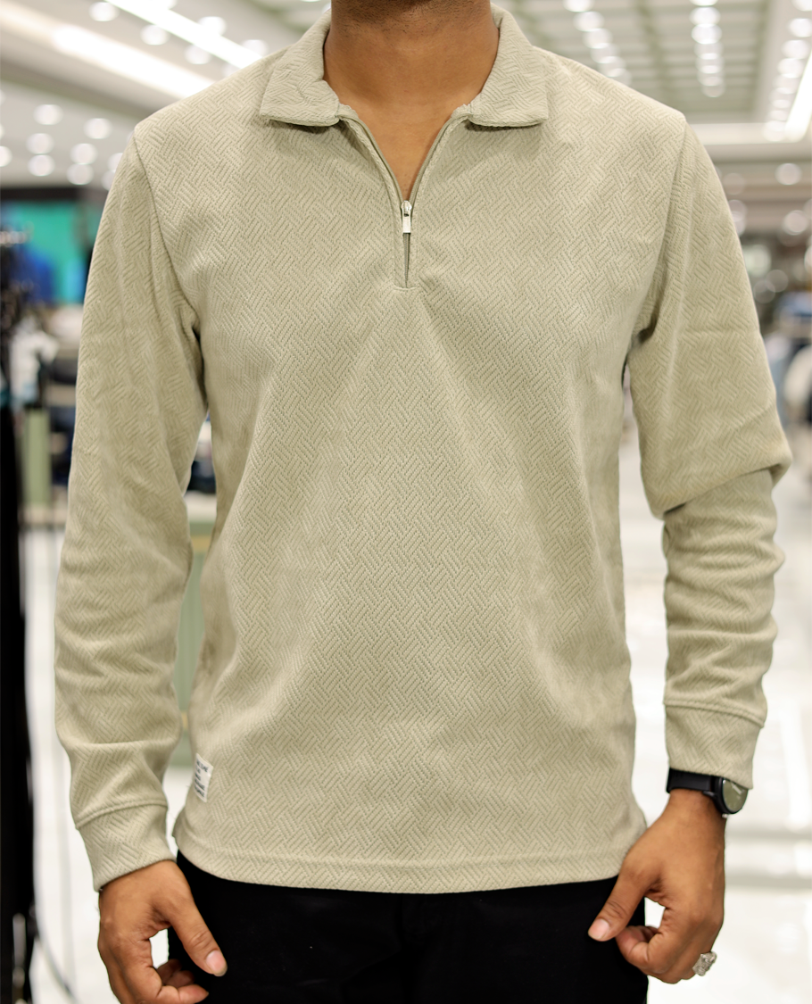 Beige Poly-Blended Zipper T-Shirt Features Full-Sleeves, a Polo Collar, Regular Fit, and Regular Length