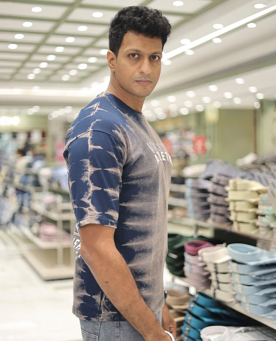 Navy Blue Cotton-Blended T-Shirt Features Typography Print, Half Sleeves, a Round Neck, an Oversized Fit, and a Regular Length