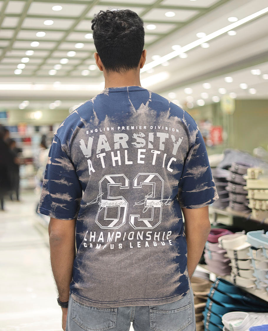 Navy Blue Cotton-Blended T-Shirt Features Typography Print, Half Sleeves, a Round Neck, an Oversized Fit, and a Regular Length