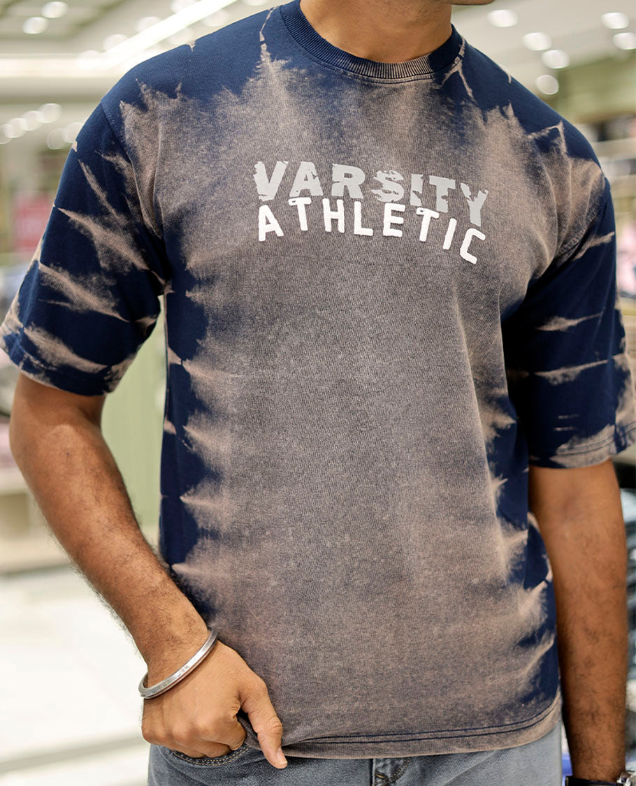 Navy Blue Cotton-Blended T-Shirt Features Typography Print, Half Sleeves, a Round Neck, an Oversized Fit, and a Regular Length