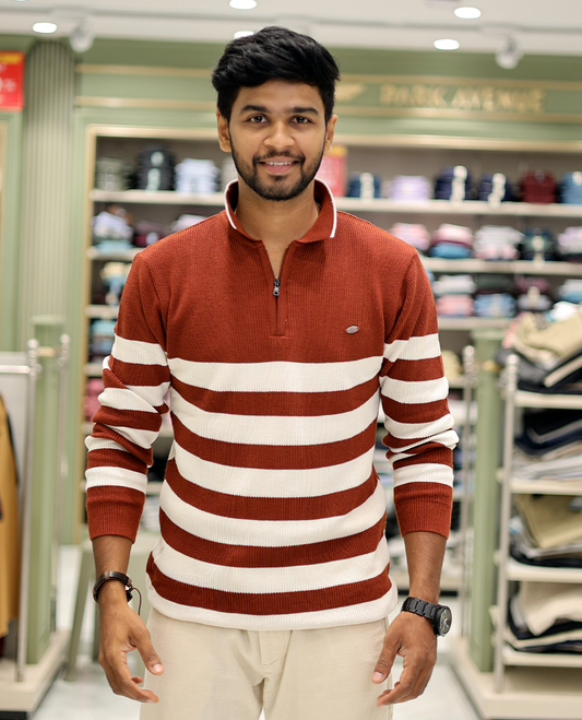 Red Cotton-Blended T-Shirt Steeped with Stripes, Full-Sleeves, a Polo Neck, a Slim Fit, and a Regular Length