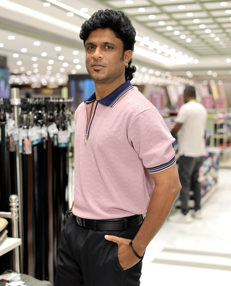 Pink Cotton-Blended Zipper T-Shirt Features Half-Sleeves, a Polo Collar, Slim Fit, and Regular Length 