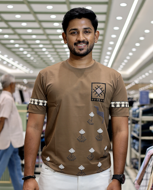 Brown Crew Neck Cotton-Blended T-Shirt