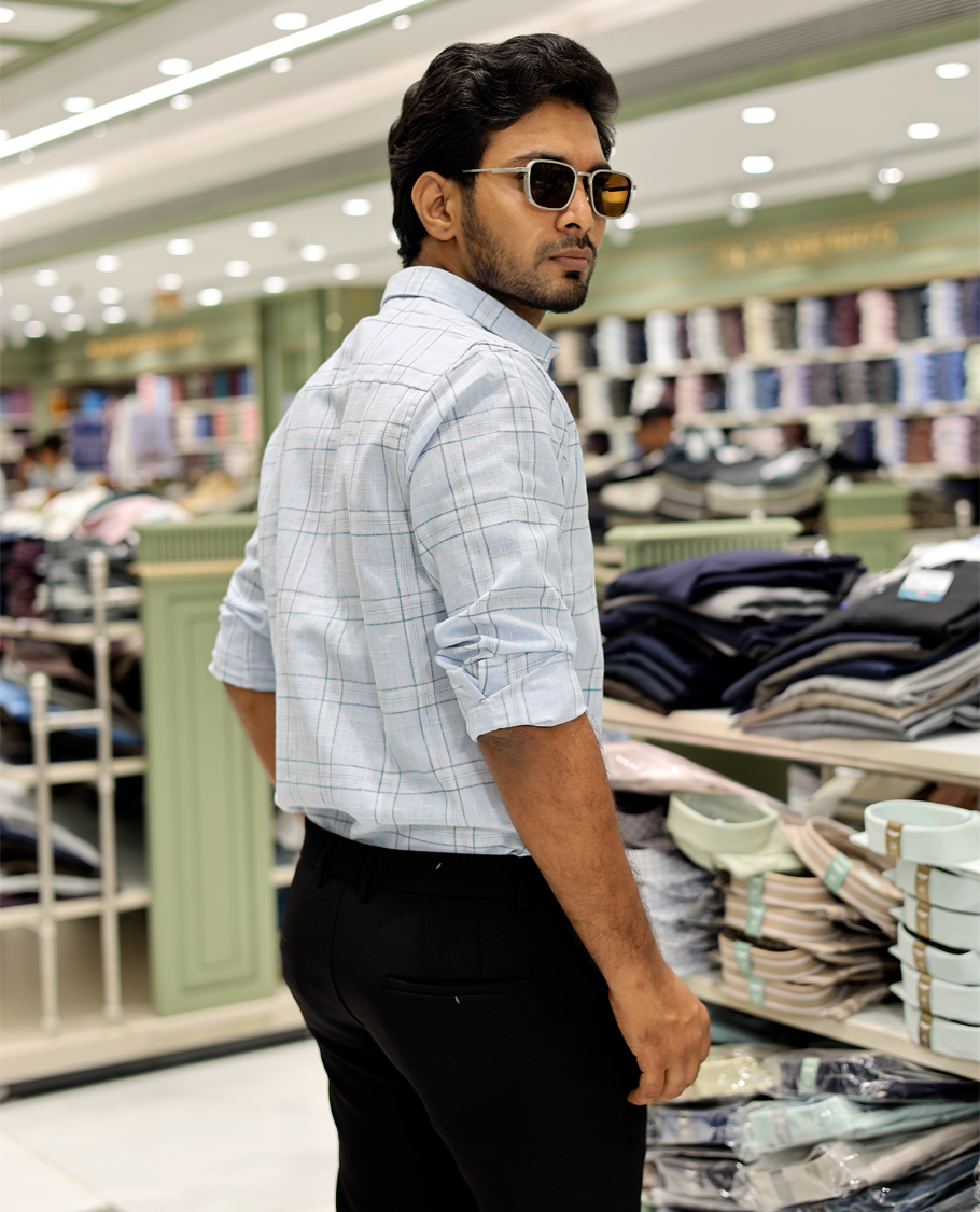 Green Cotton-Linen-Blended Casual Shirt Features Checks, Full Sleeve, a Spread Collar, a Slim Fit, and a Regular Length