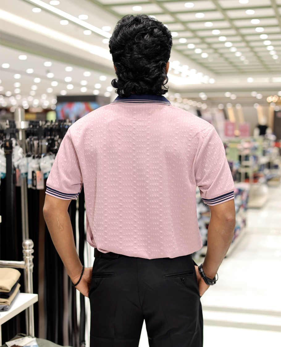 Pink Cotton-Blended Zipper T-Shirt Features Half-Sleeves, a Polo Collar, Slim Fit, and Regular Length 