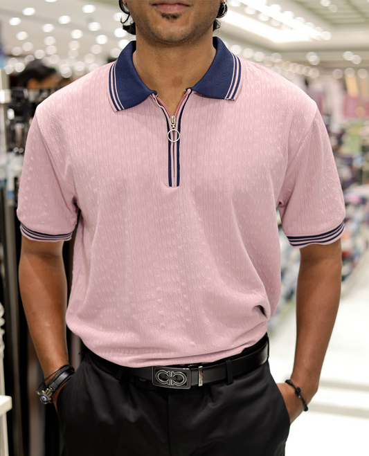 Pink Cotton-Blended Zipper T-Shirt Features Half-Sleeves, a Polo Collar, Slim Fit, and Regular Length 