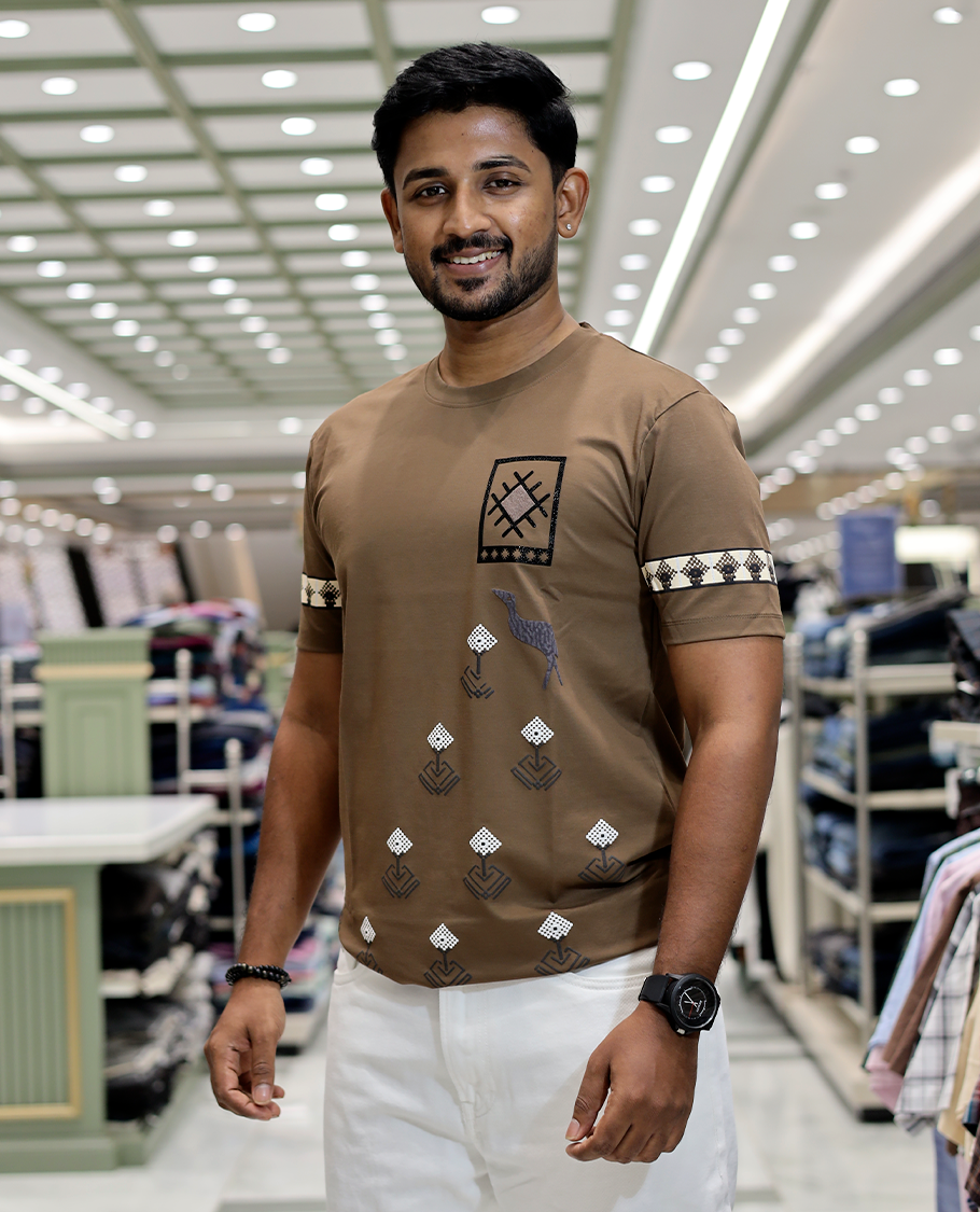 Brown Crew Neck Cotton-Blended T-Shirt
