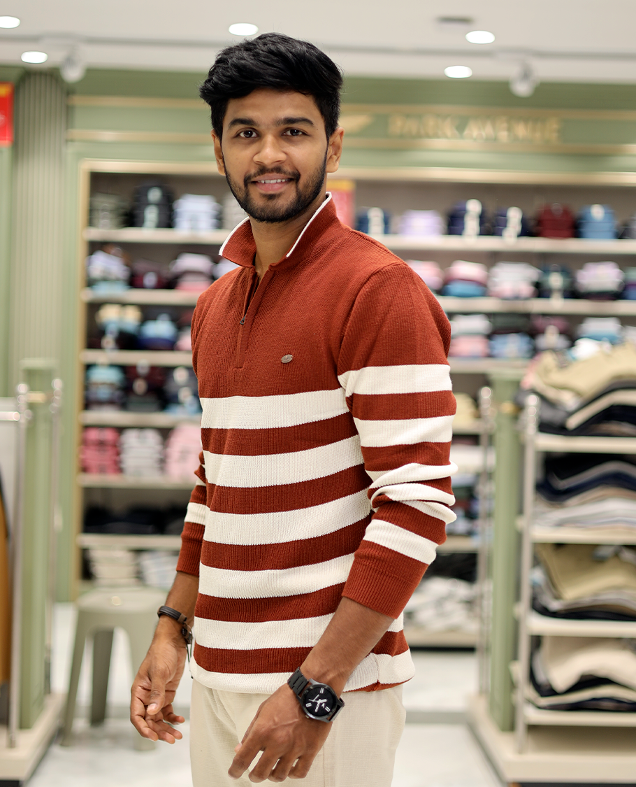 Red Cotton-Blended T-Shirt Steeped with Stripes, Full-Sleeves, a Polo Neck, a Slim Fit, and a Regular Length
