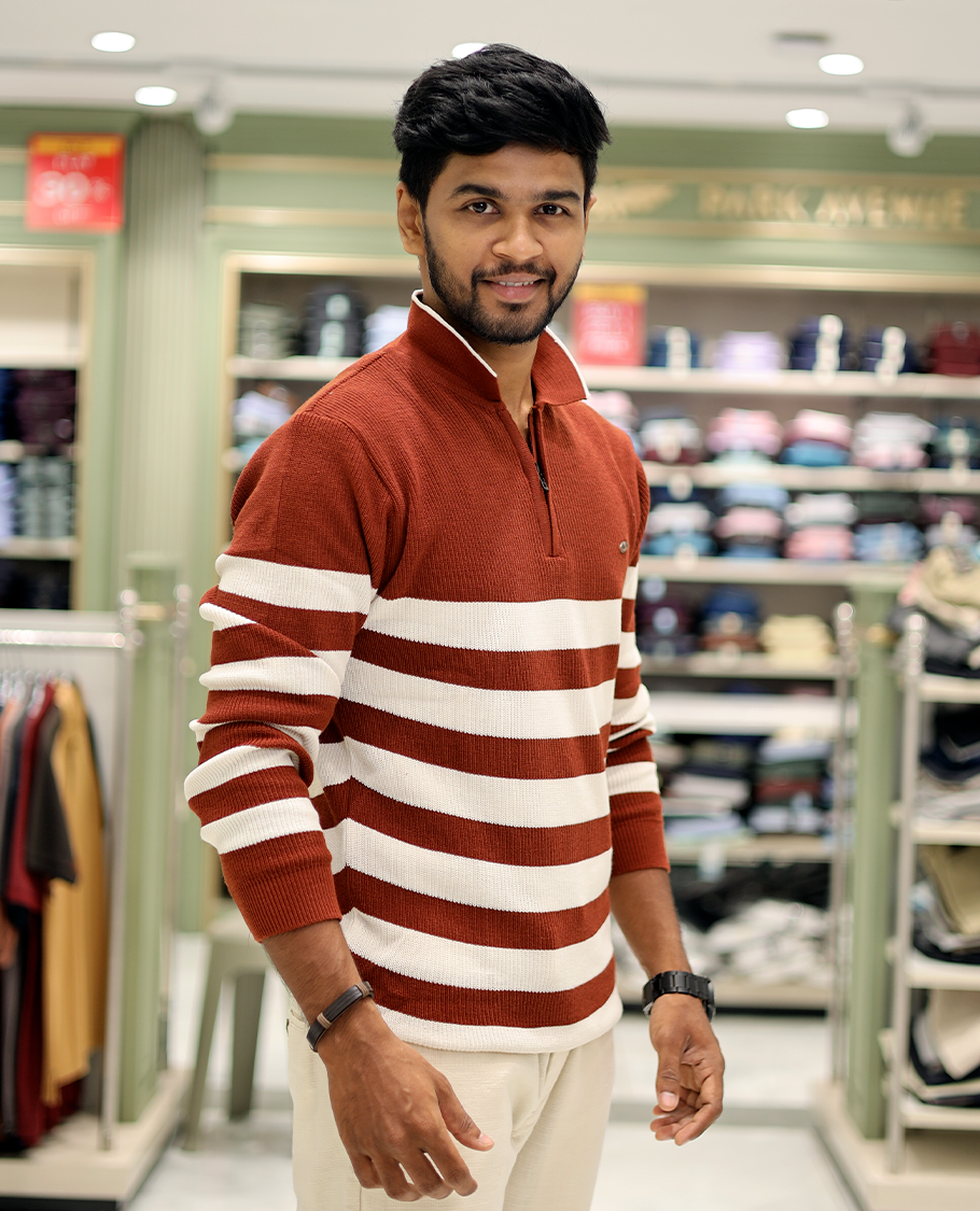 Red Cotton-Blended T-Shirt Steeped with Stripes, Full-Sleeves, a Polo Neck, a Slim Fit, and a Regular Length