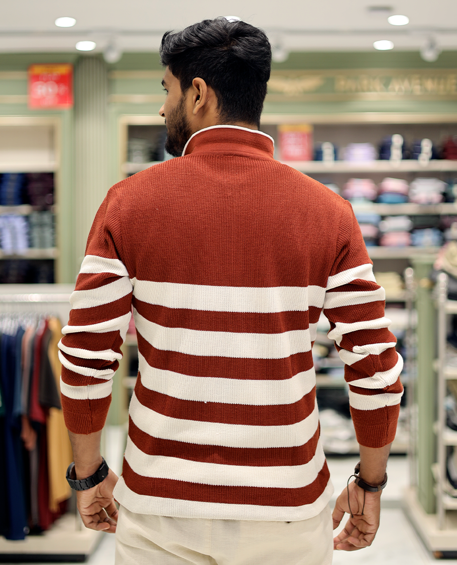 Red Cotton-Blended T-Shirt Steeped with Stripes, Full-Sleeves, a Polo Neck, a Slim Fit, and a Regular Length
