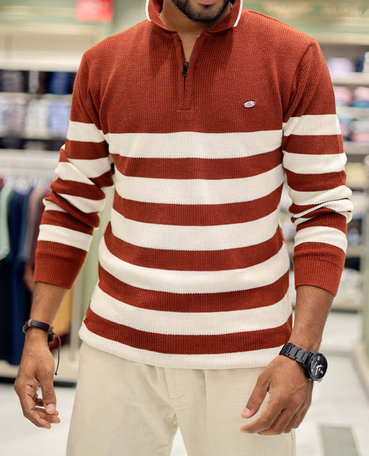 Red Cotton-Blended T-Shirt Steeped with Stripes, Full-Sleeves, a Polo Neck, a Slim Fit, and a Regular Length