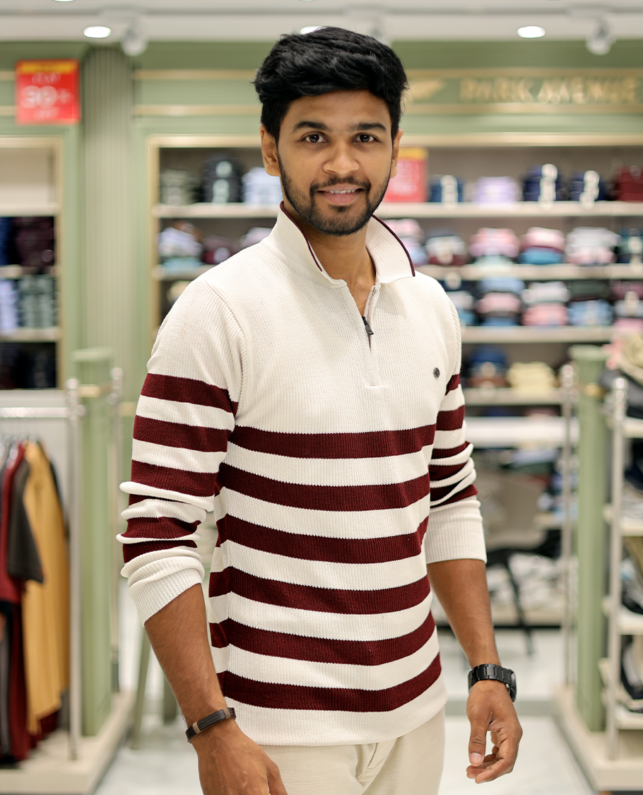 White Cotton-Blended T-Shirt Steeped with Stripes, Full-Sleeves, a Polo Neck, a Slim Fit, and a Regular Length