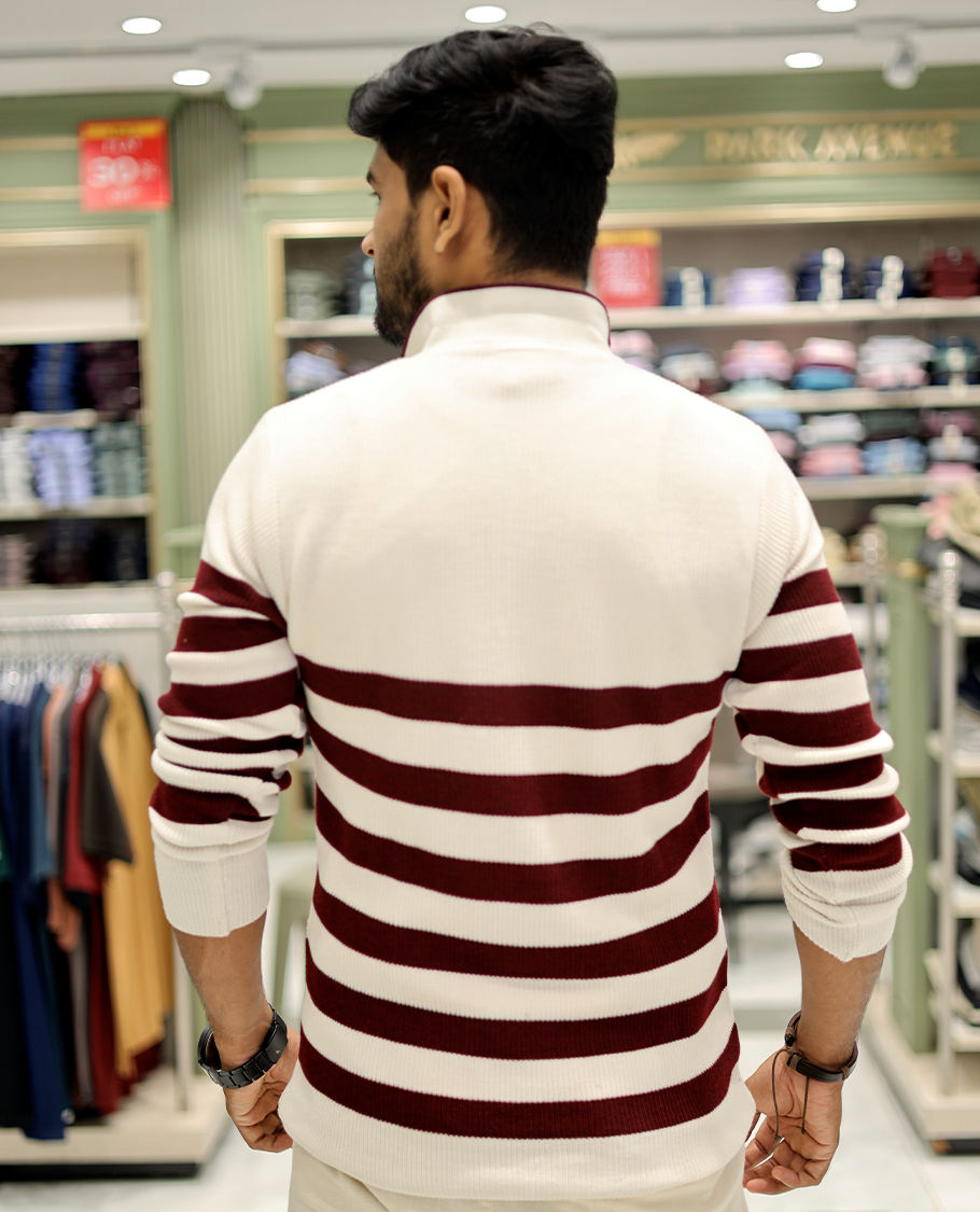 White Cotton-Blended T-Shirt Steeped with Stripes, Full-Sleeves, a Polo Neck, a Slim Fit, and a Regular Length