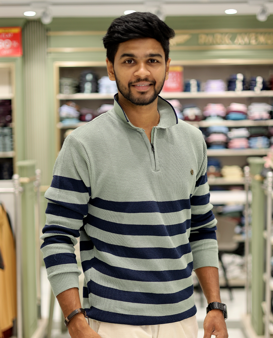 Green Cotton-Blended T-Shirt Steeped with Stripes, Full-Sleeves, a Polo Neck, a Slim Fit, and a Regular Length