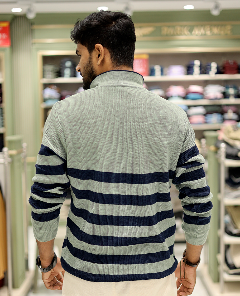 Green Cotton-Blended T-Shirt Steeped with Stripes, Full-Sleeves, a Polo Neck, a Slim Fit, and a Regular Length