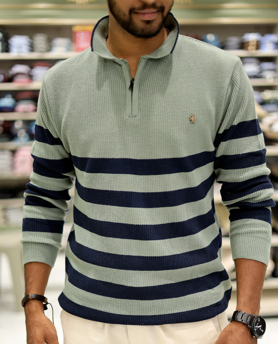 Green Cotton-Blended T-Shirt Steeped with Stripes, Full-Sleeves, a Polo Neck, a Slim Fit, and a Regular Length