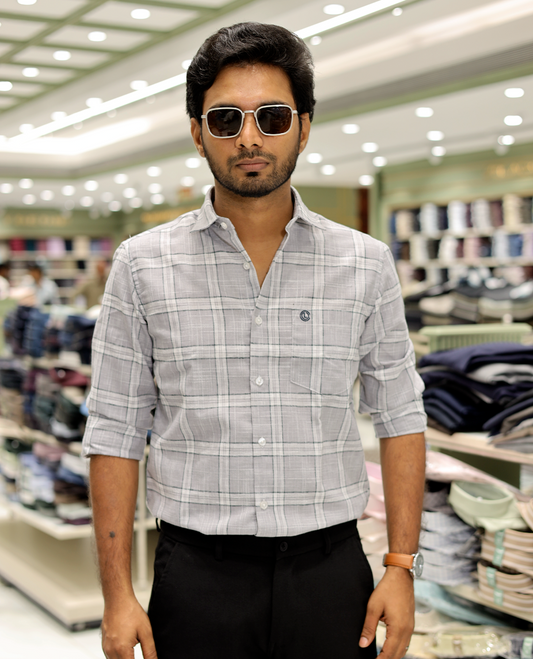 Grey Cotton-Linen-Blended Casual Shirt Features Checks, Full Sleeves, a Spread Collar, a Slim Fit, and a Regular Length