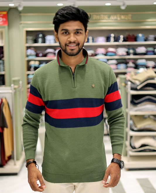 Green Cotton-Blended T-Shirt Features Strip Blocks, Full-Sleeves, a Polo Neck, a Slim Fit, and a Regular Length