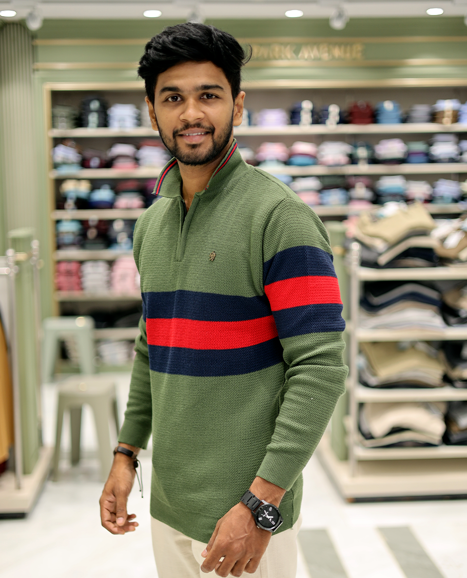 Green Cotton-Blended T-Shirt Features Strip Blocks, Full-Sleeves, a Polo Neck, a Slim Fit, and a Regular Length