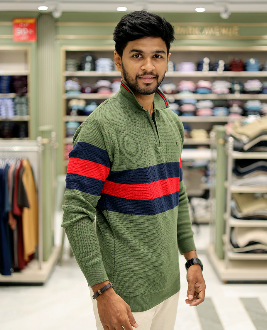 Green Cotton-Blended T-Shirt Features Strip Blocks, Full-Sleeves, a Polo Neck, a Slim Fit, and a Regular Length
