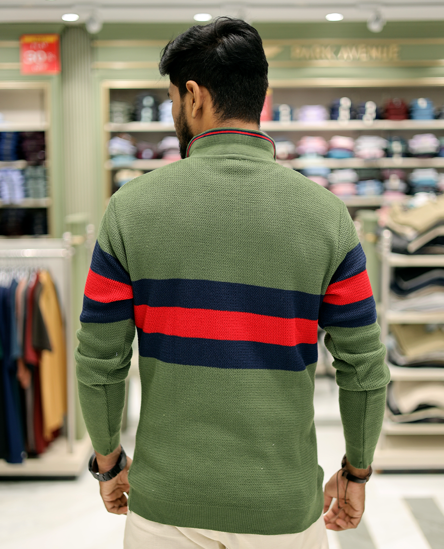 Green Cotton-Blended T-Shirt Features Strip Blocks, Full-Sleeves, a Polo Neck, a Slim Fit, and a Regular Length
