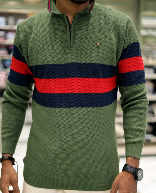 Green Cotton-Blended T-Shirt Features Strip Blocks, Full-Sleeves, a Polo Neck, a Slim Fit, and a Regular Length