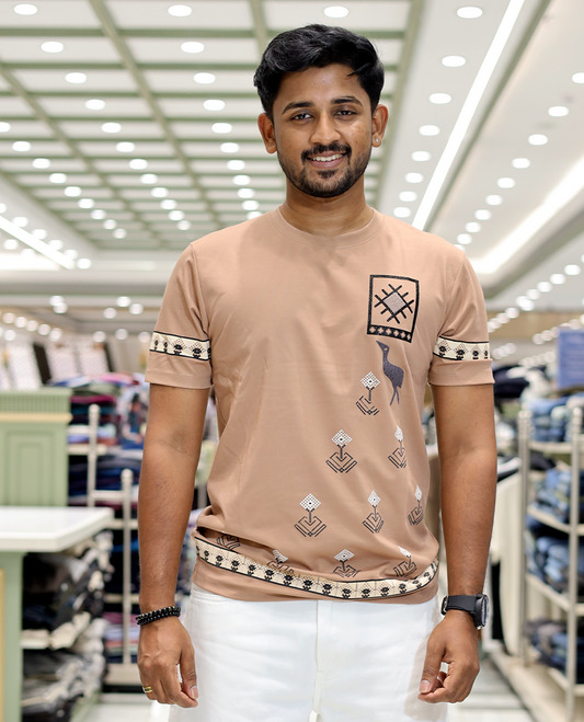 Taupe Crew Neck Cotton-Blended T-Shirt