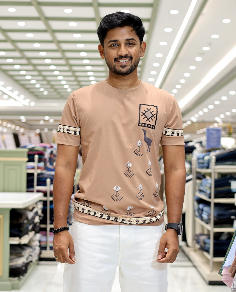 Taupe Crew Neck Cotton-Blended T-Shirt
