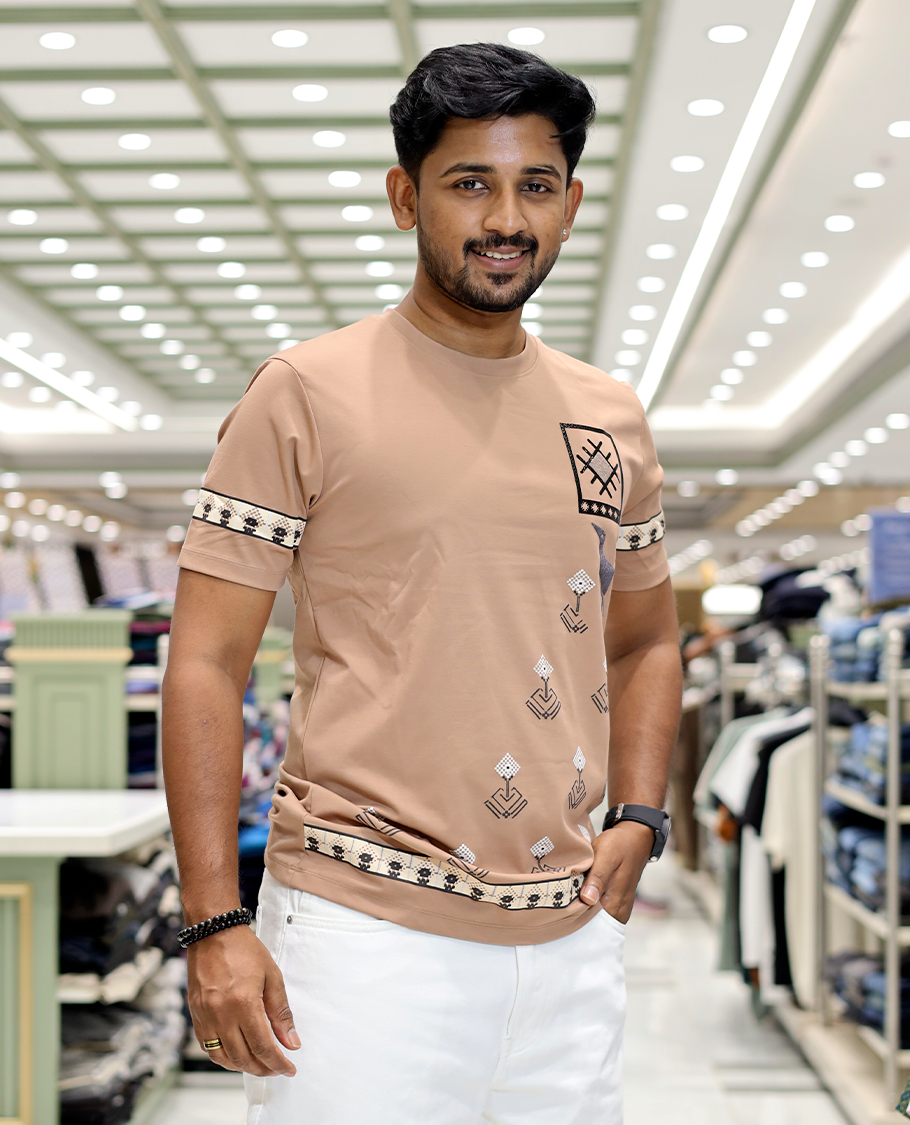 Taupe Crew Neck Cotton-Blended T-Shirt