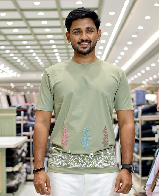 Olive Leaf Embroidery Cotton-Blended T-Shirt