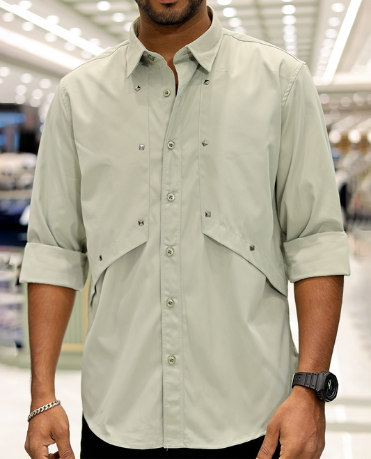 Light Green Cotton-Blended Casual Shirt Features Life-Quotes Backprint, Full-Sleeves, a Spread Collar, a Regular Fit, and a Regular Length