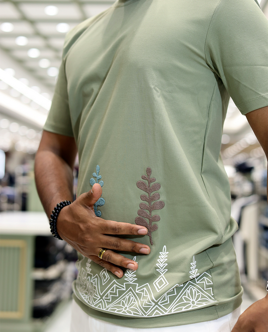Olive Leaf Embroidery Cotton-Blended T-Shirt