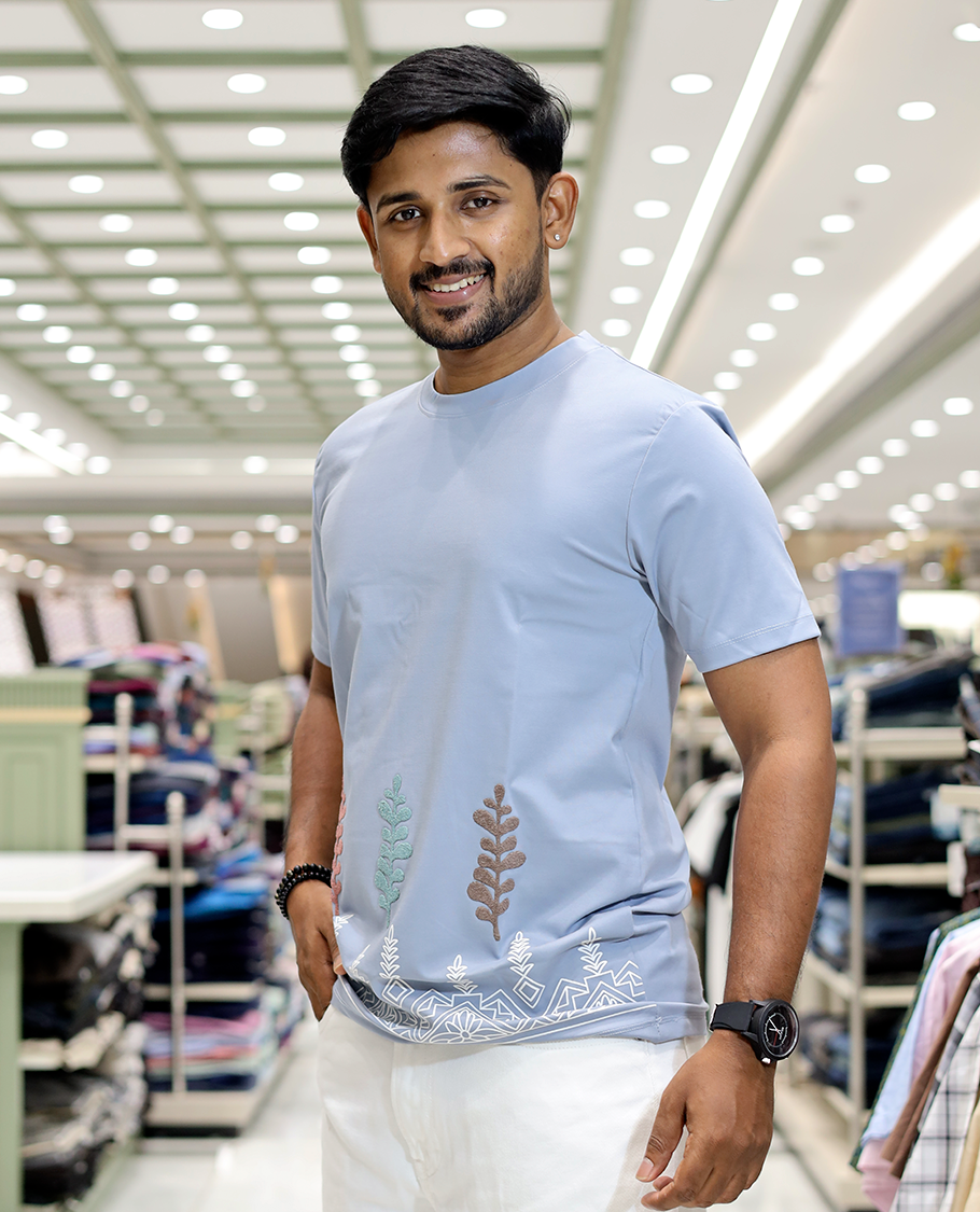 Blue Leaf Embroidery Cotton Blended T-Shirt