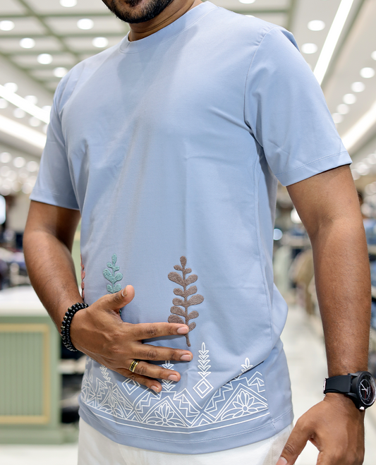 Blue Leaf Embroidery Cotton Blended T-Shirt